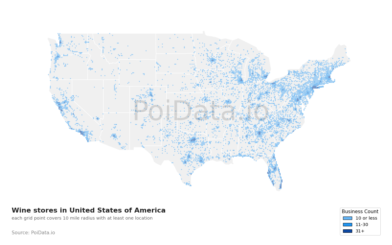 Wine store density map for United States
