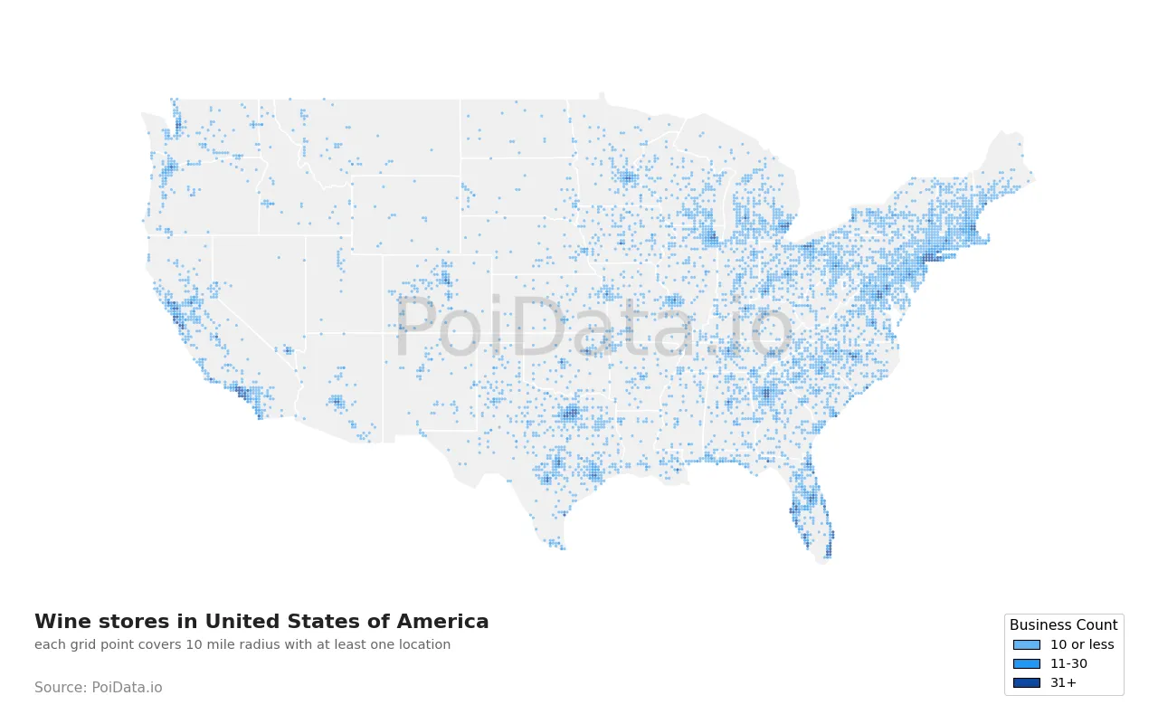 Wine store density map for United States