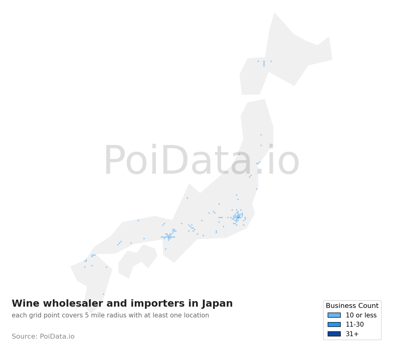 Wine wholesaler and importer density map for Japan