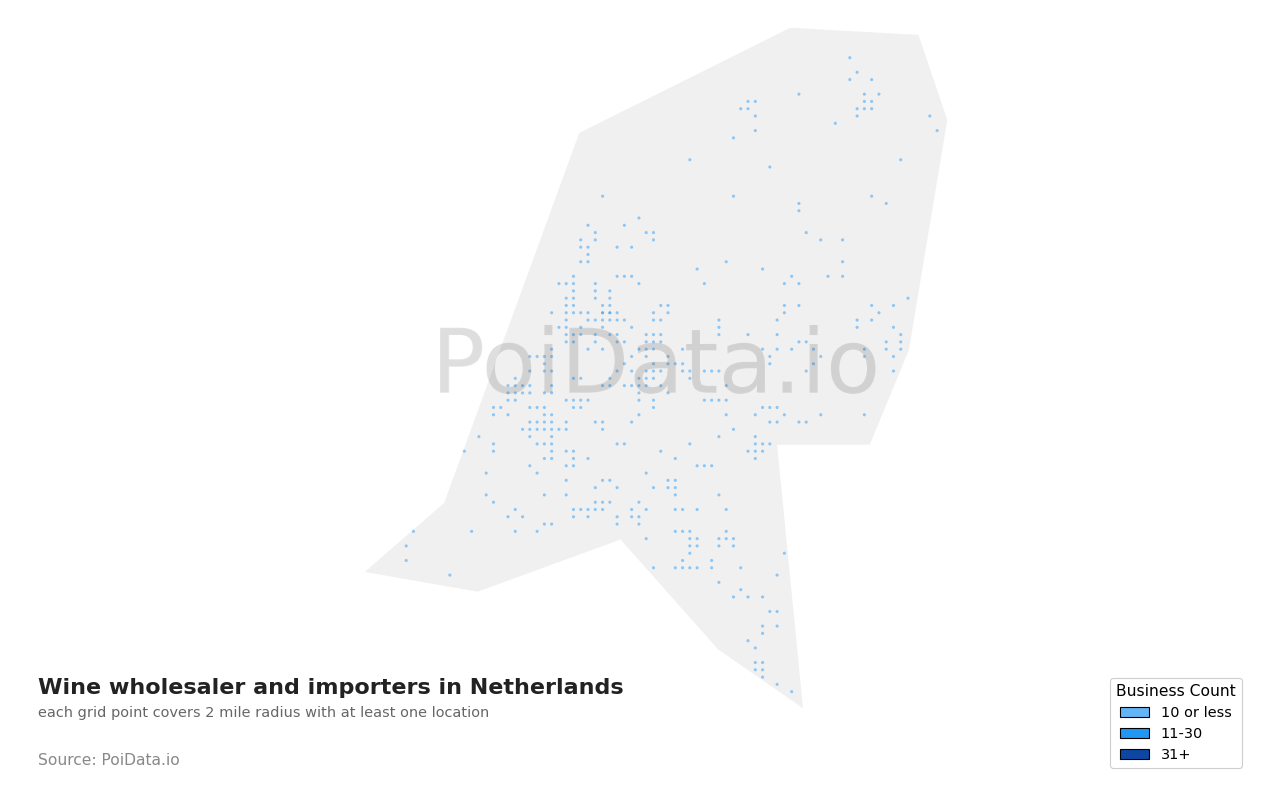 Wine wholesaler and importer density map for Netherlands