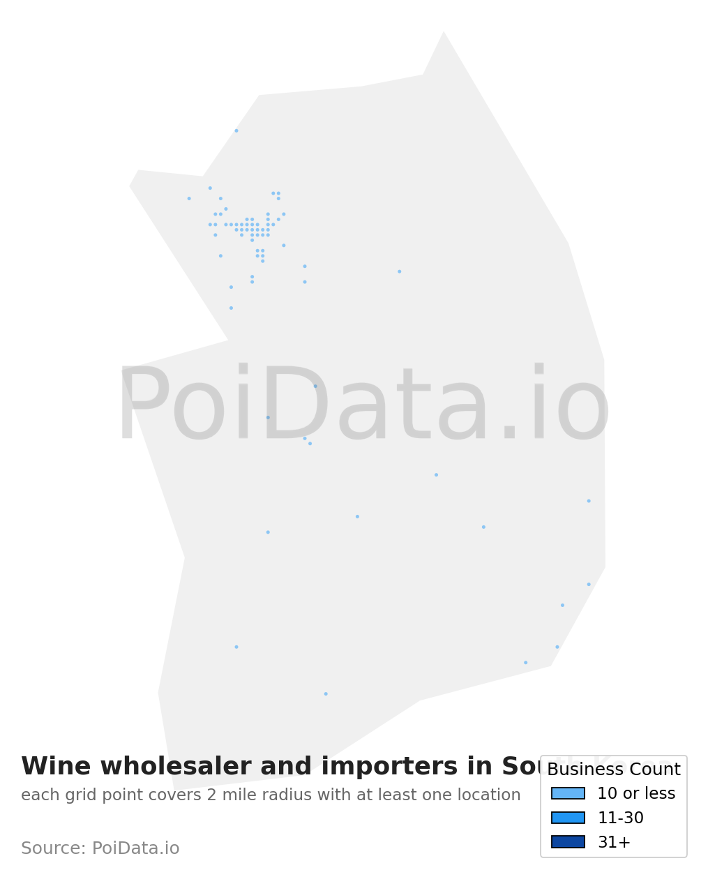Wine wholesaler and importer density map for South Korea