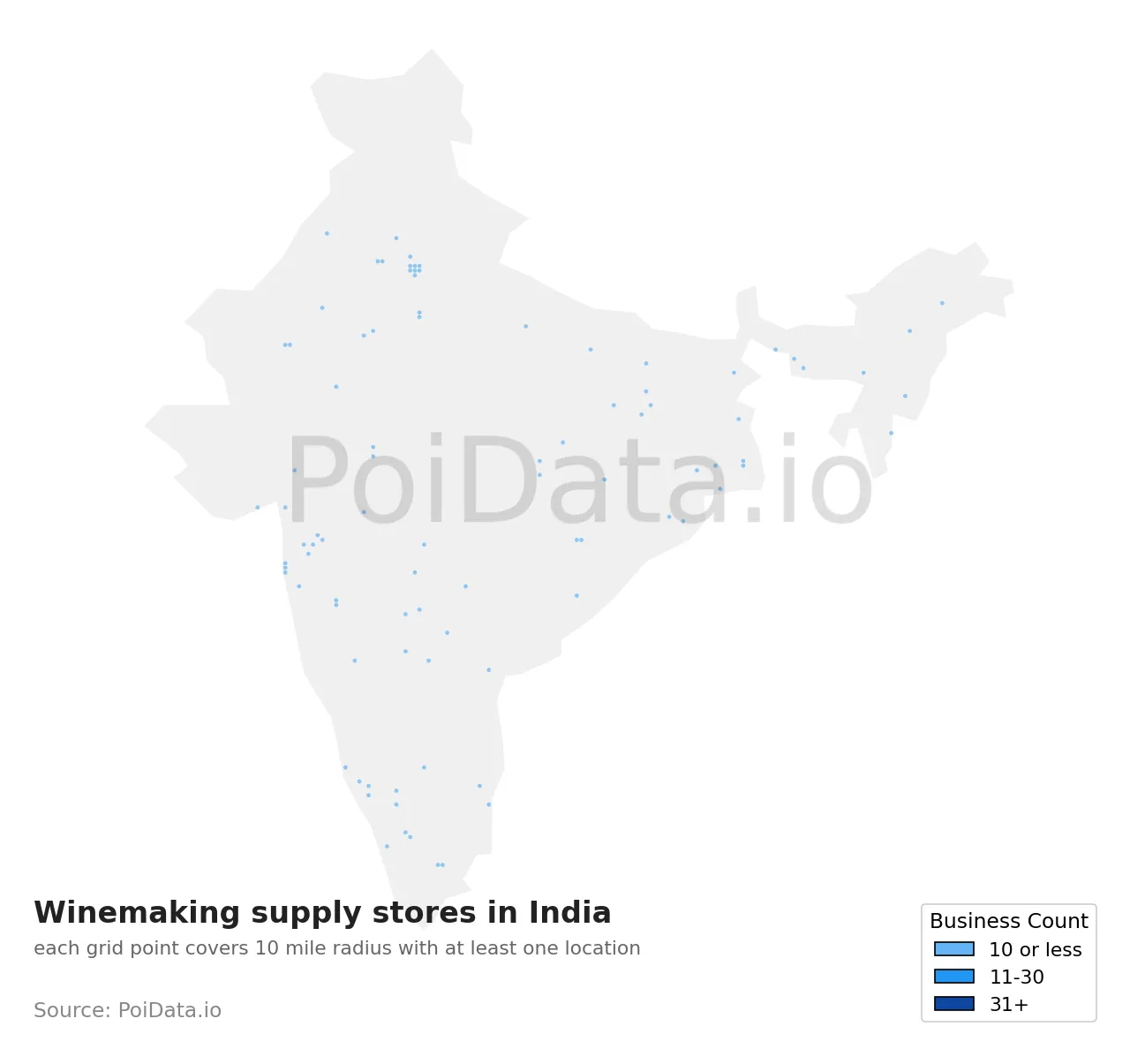 Winemaking supply store density map for India