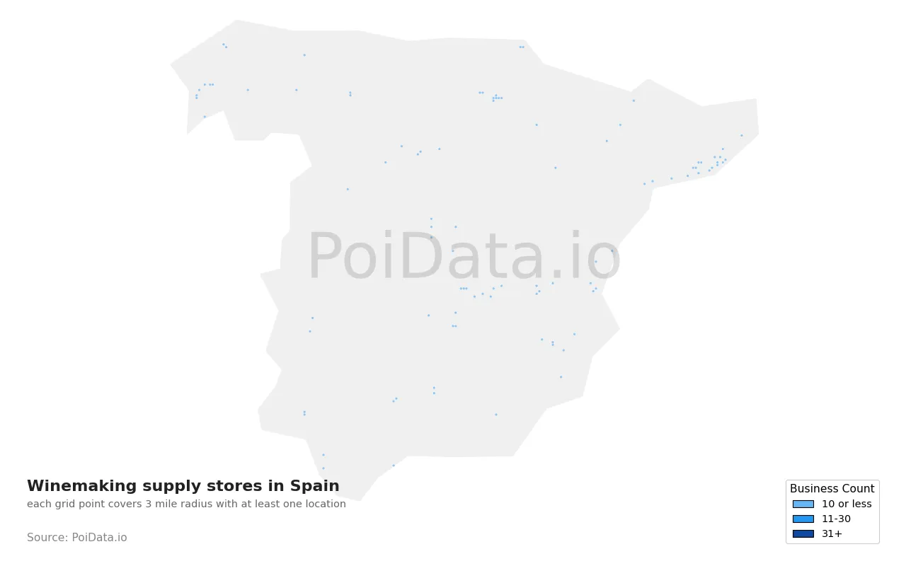 Winemaking supply store density map for Spain