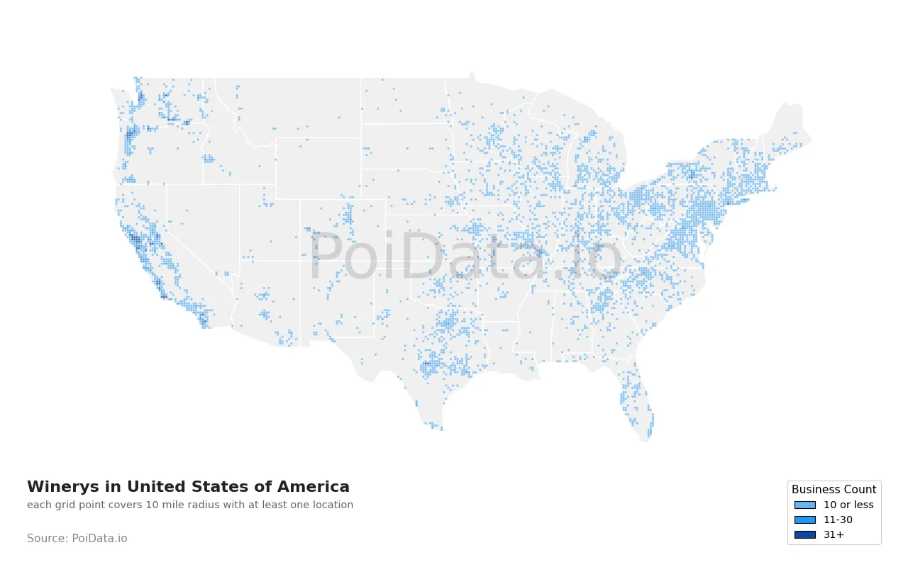 Winery density map for United States