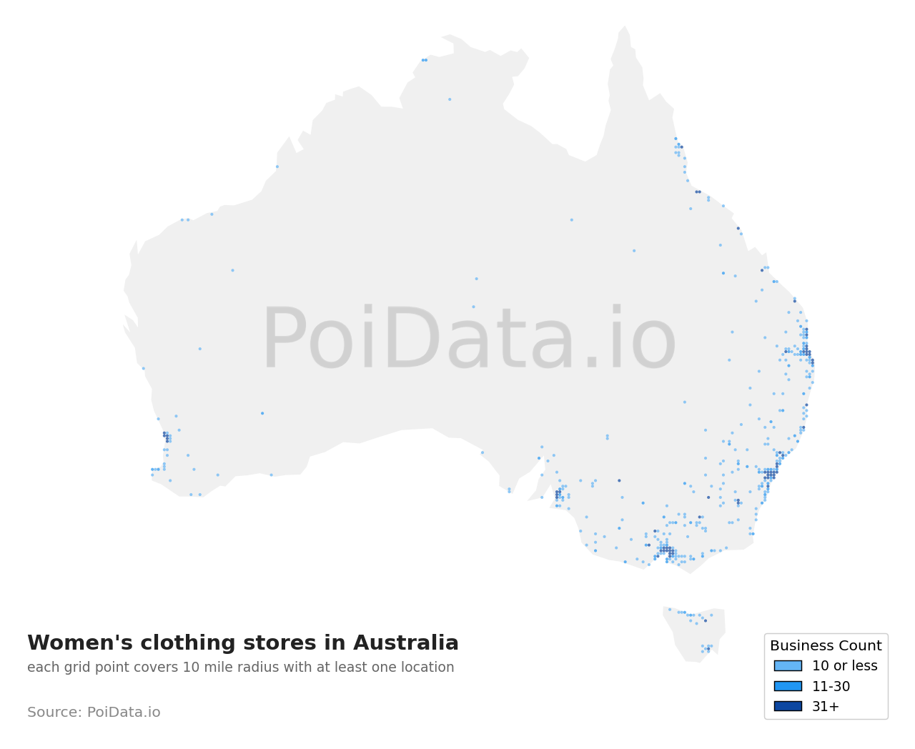Women's clothing store density map for NSW, Australia