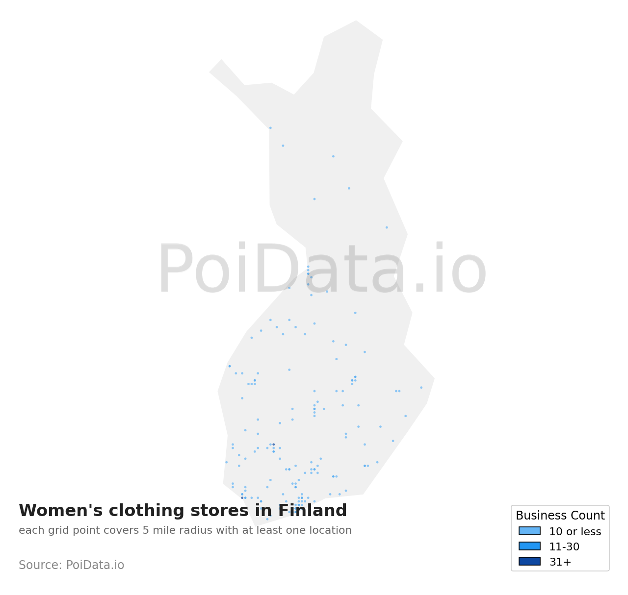 Women's clothing store density map for Finland