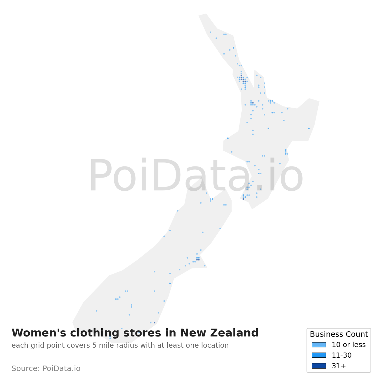 Women's clothing store density map for New Zealand