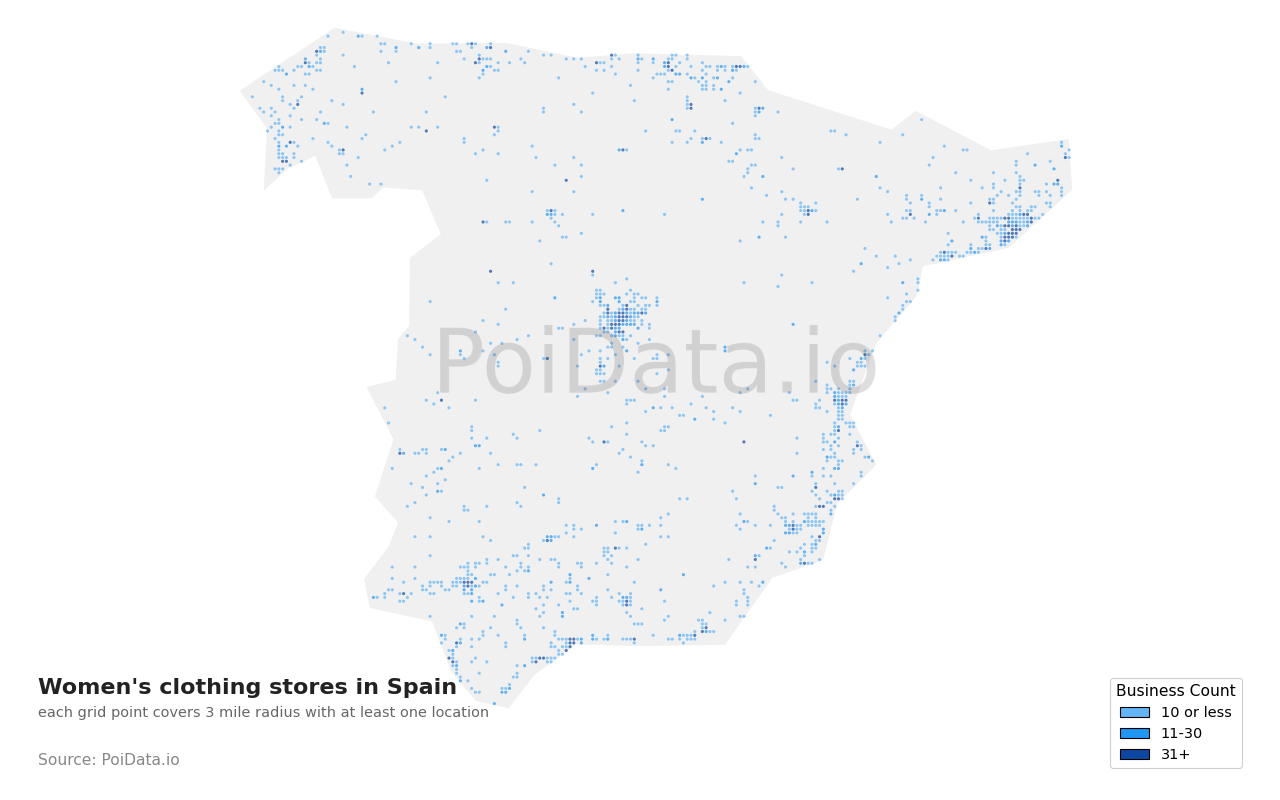 Women's clothing store density map for Spain
