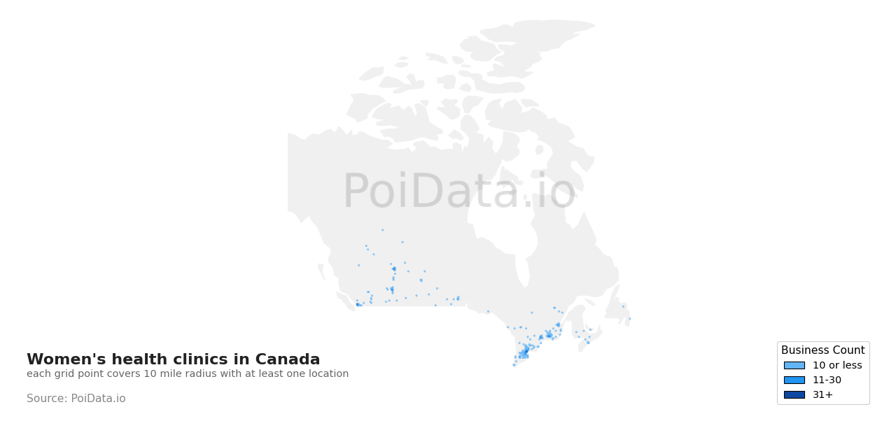 Women's health clinic density map for Canada