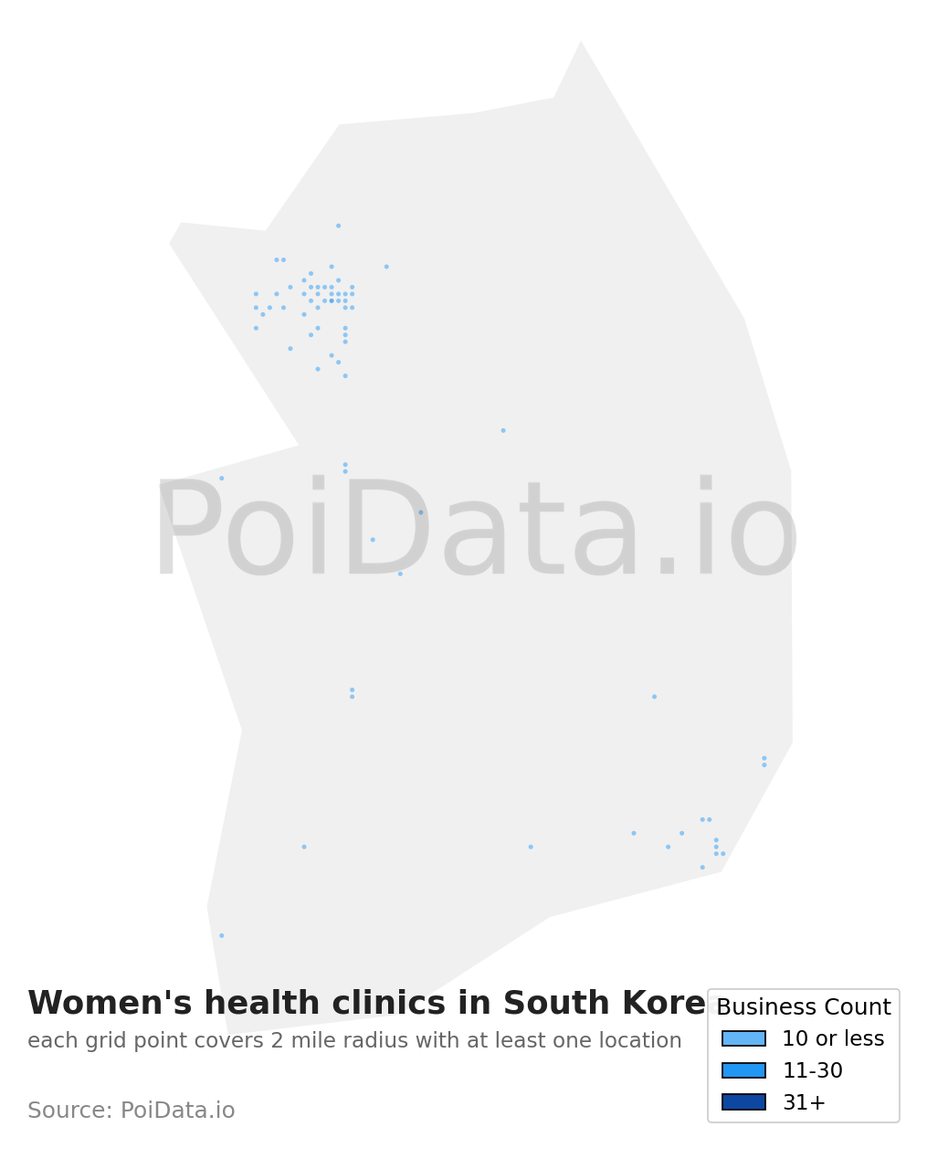 Women's health clinic density map for South Korea