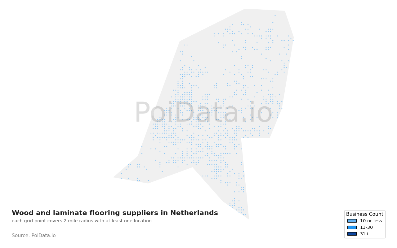 Wood and laminate flooring supplier density map for Netherlands