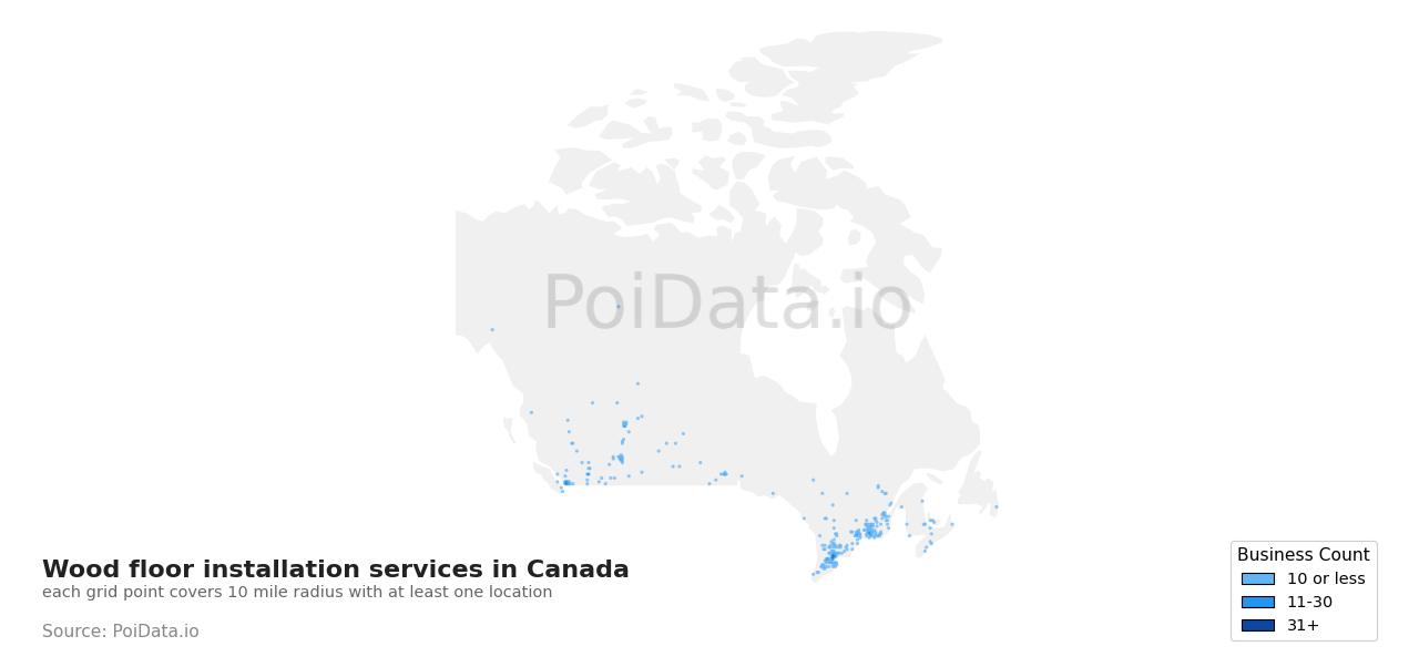 Wood floor installation service density map for Canada