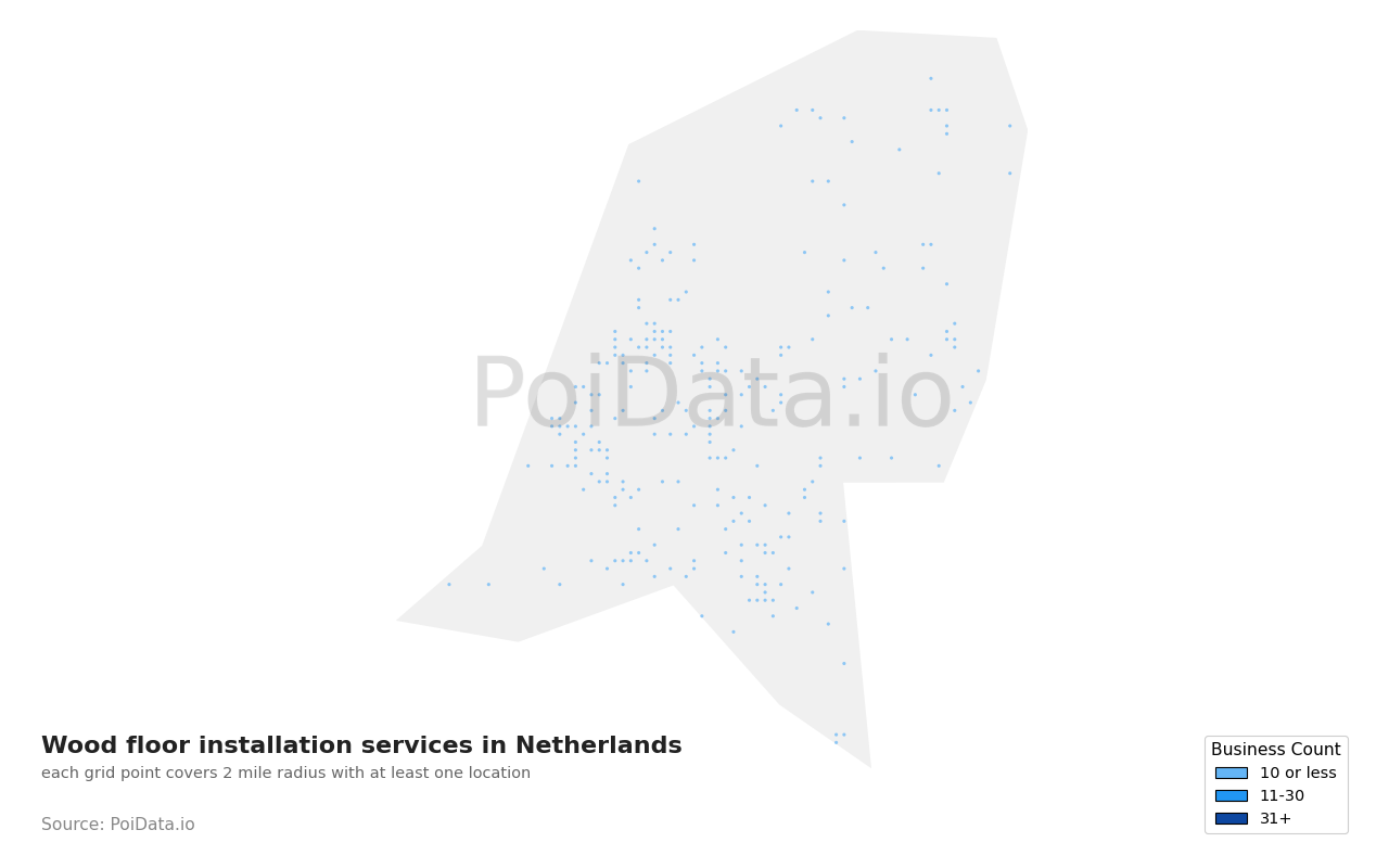 Wood floor installation service density map for Netherlands