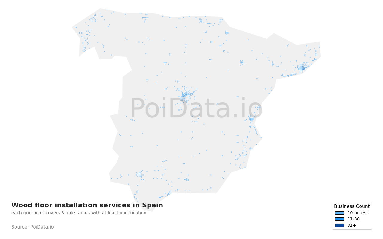 Wood floor installation service density map for Spain