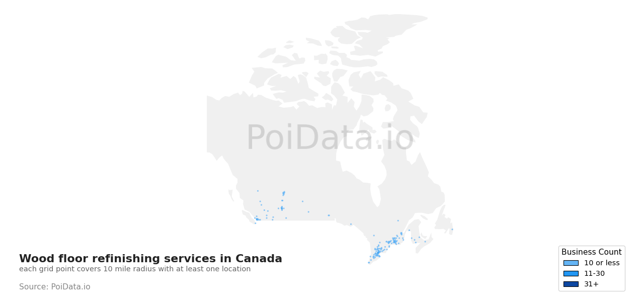 Wood floor refinishing service density map for Canada