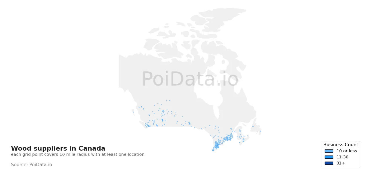 Wood supplier density map for Canada