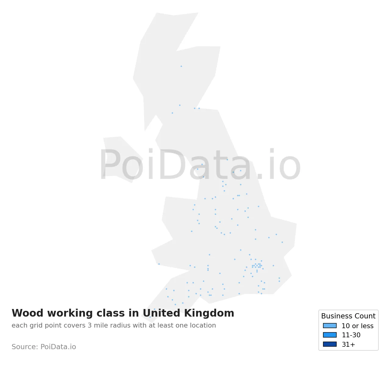 Wood working class density map for United Kingdom
