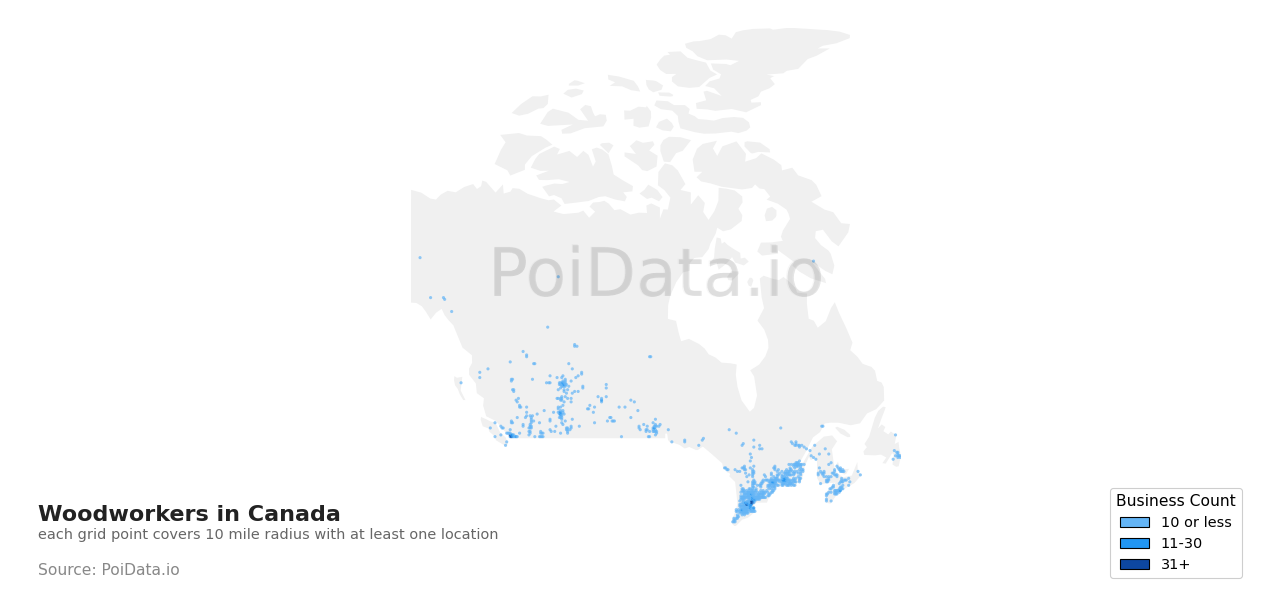 Woodworker density map for Canada