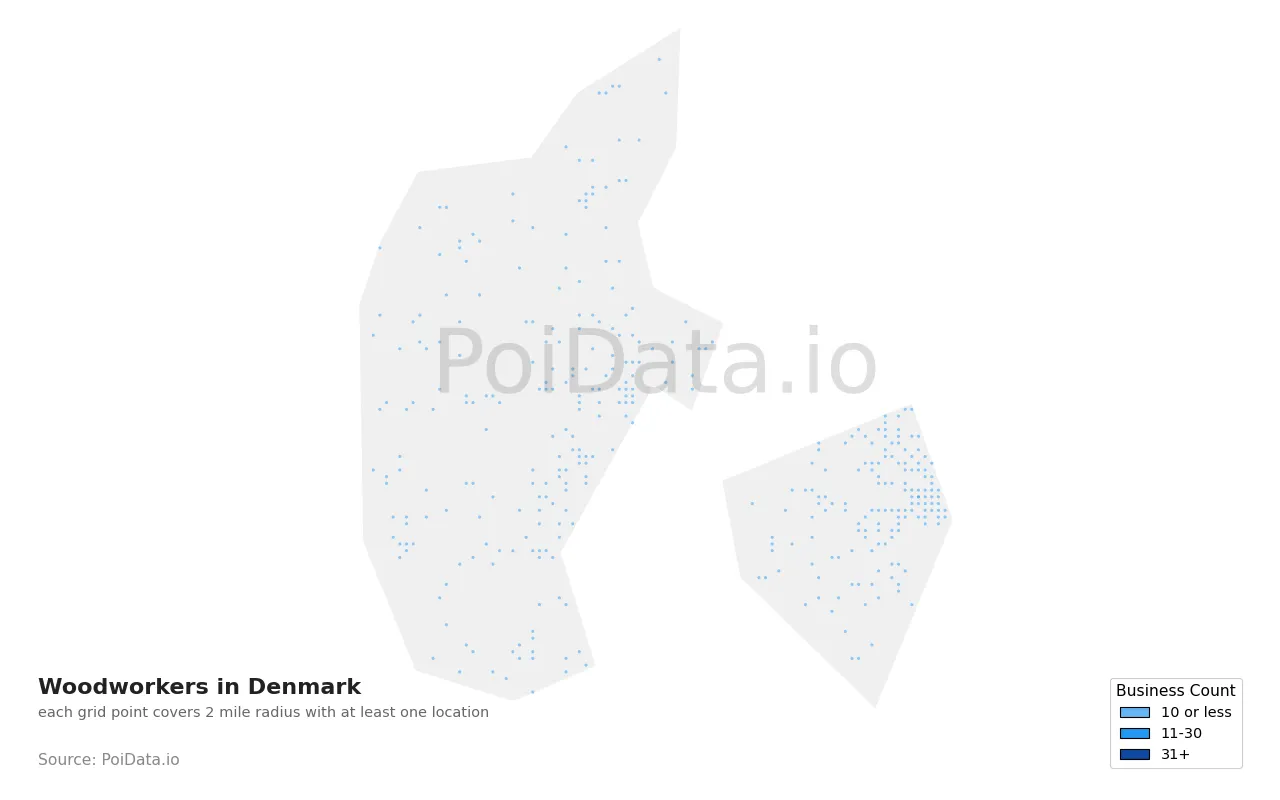 Woodworker density map for Denmark