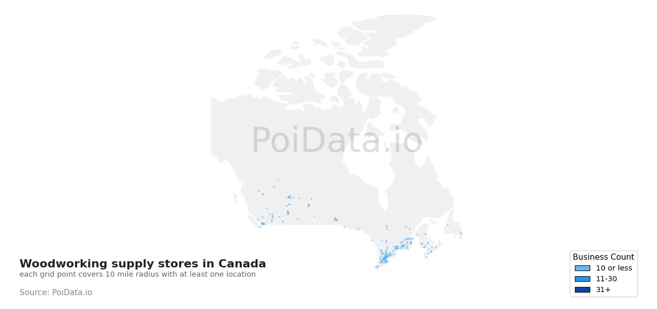 Woodworking supply store density map for Canada