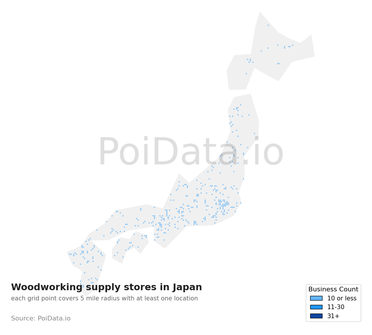 Woodworking supply store density map for Japan