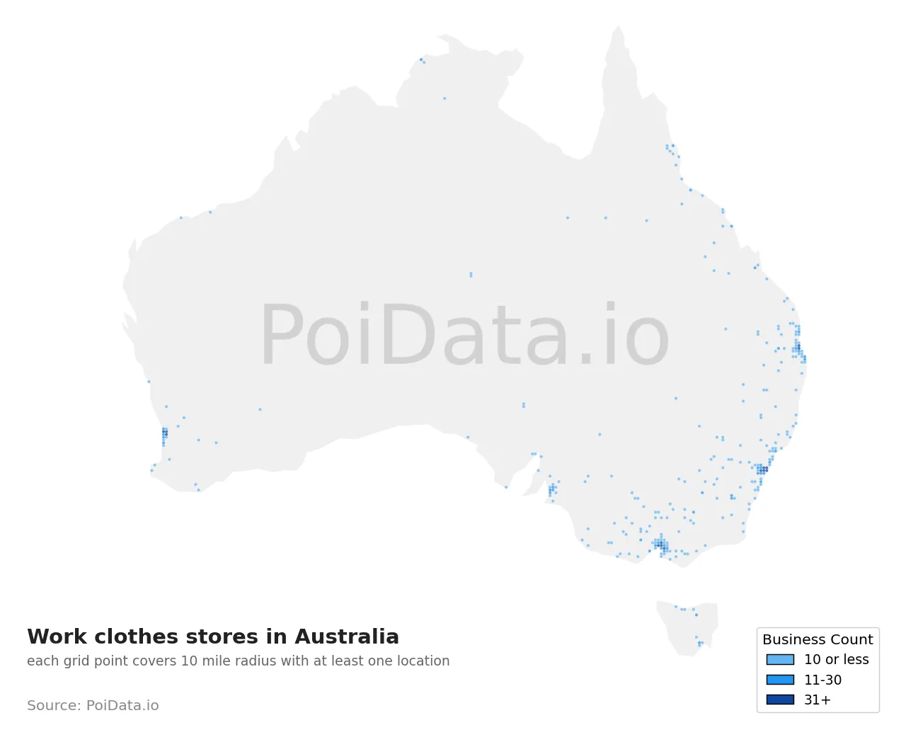 Work clothes store density map for Australia