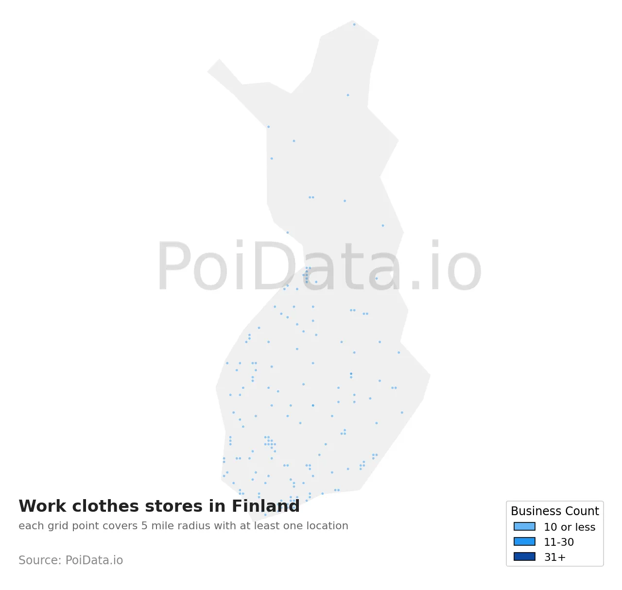Work clothes store density map for Finland