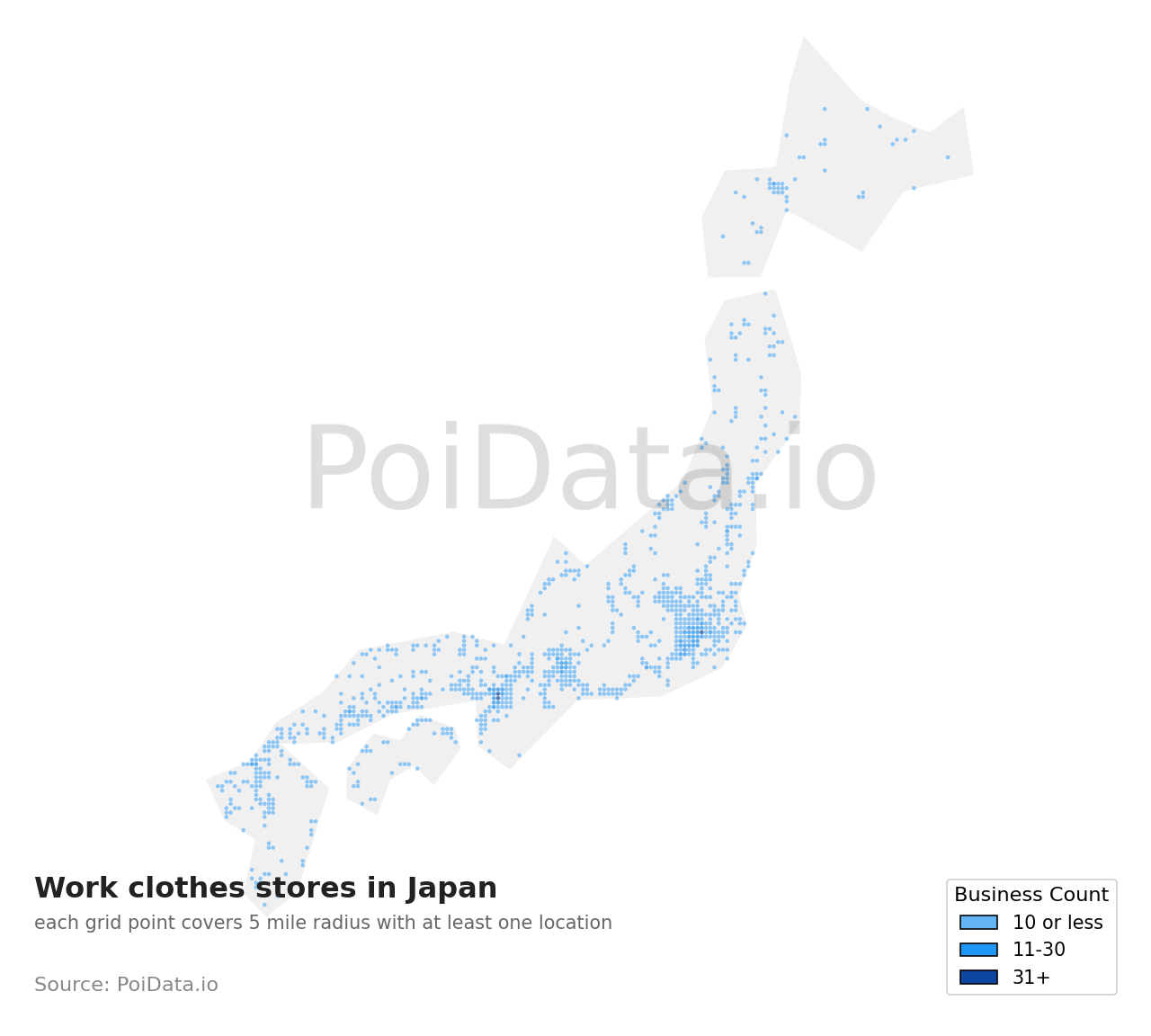 Work clothes store density map for Japan