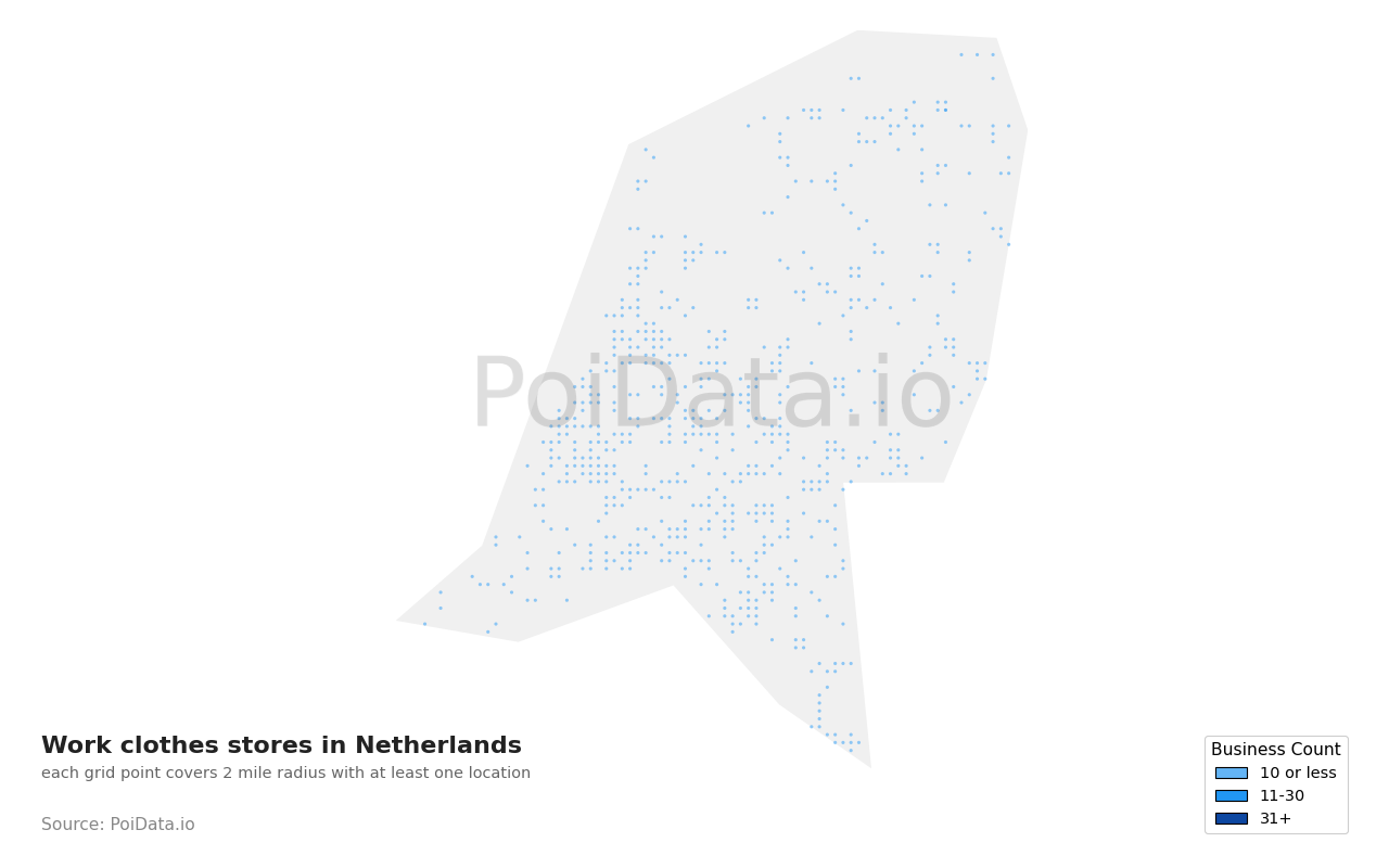 Work clothes store density map for Netherlands