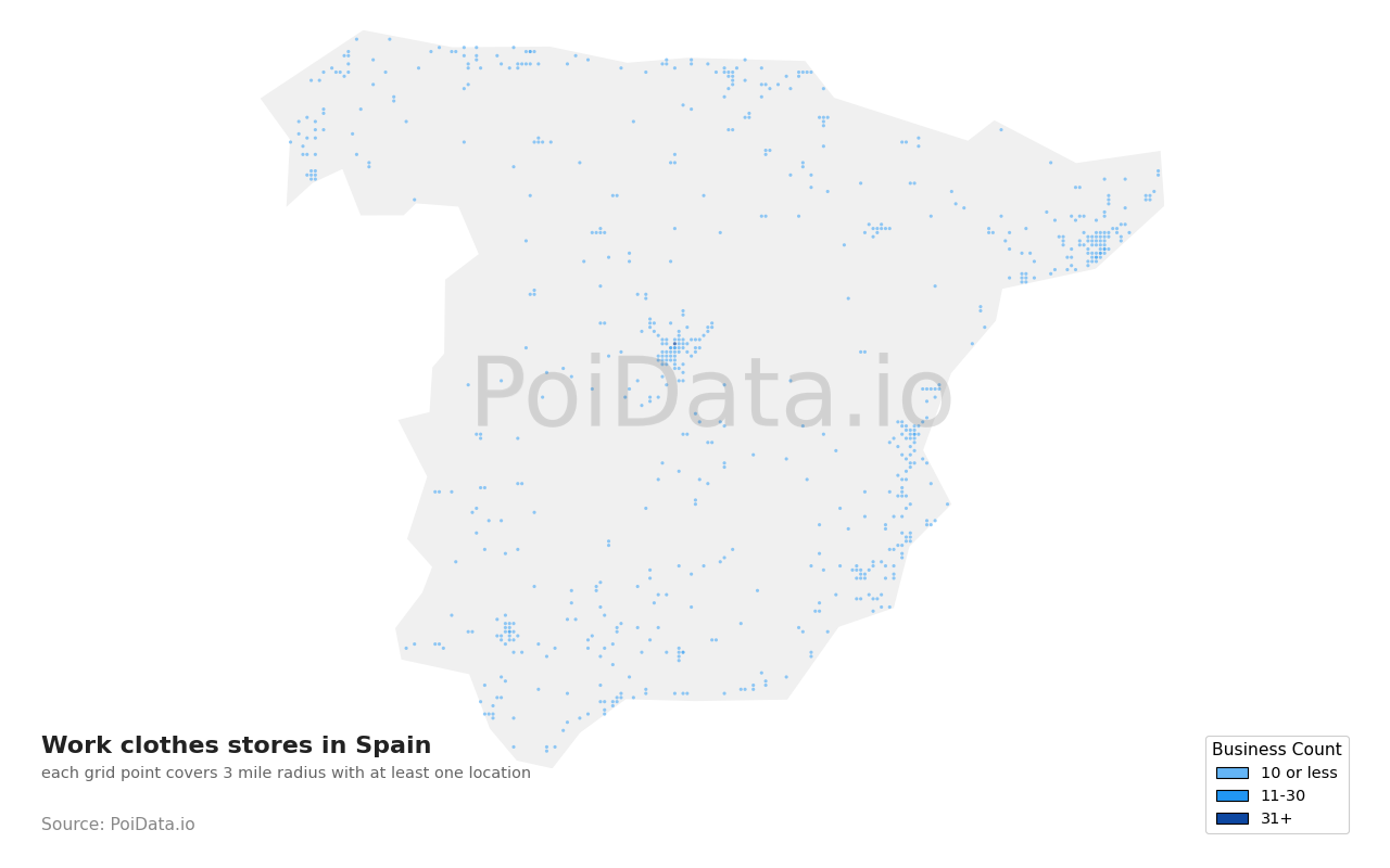 Work clothes store density map for Spain