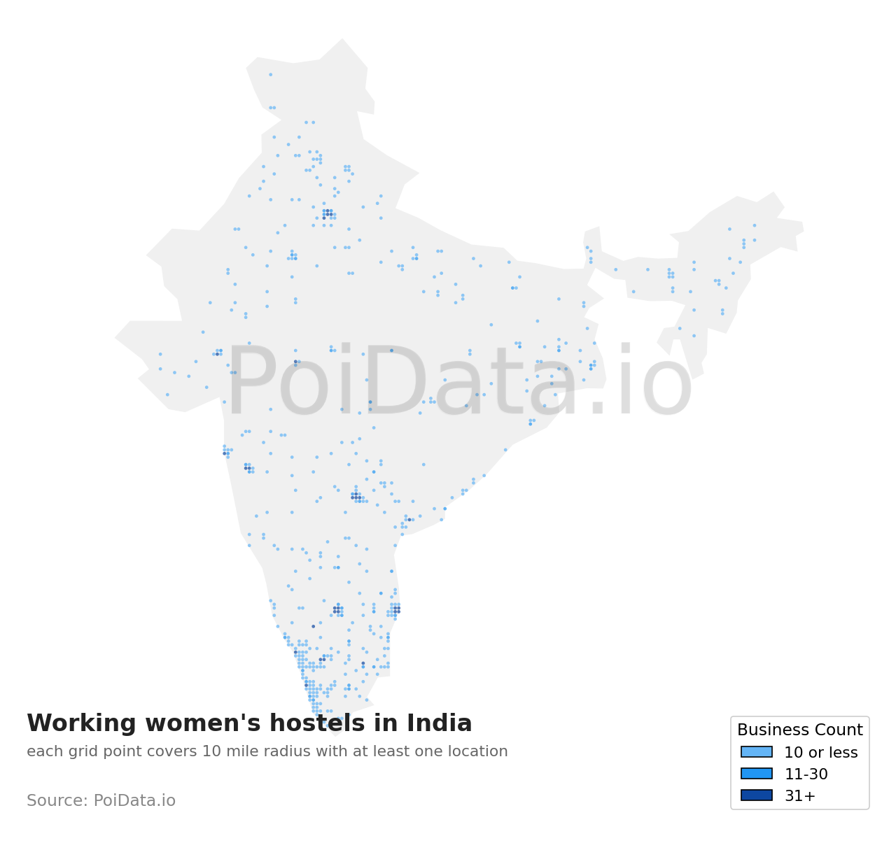Working women's hostel density map for India