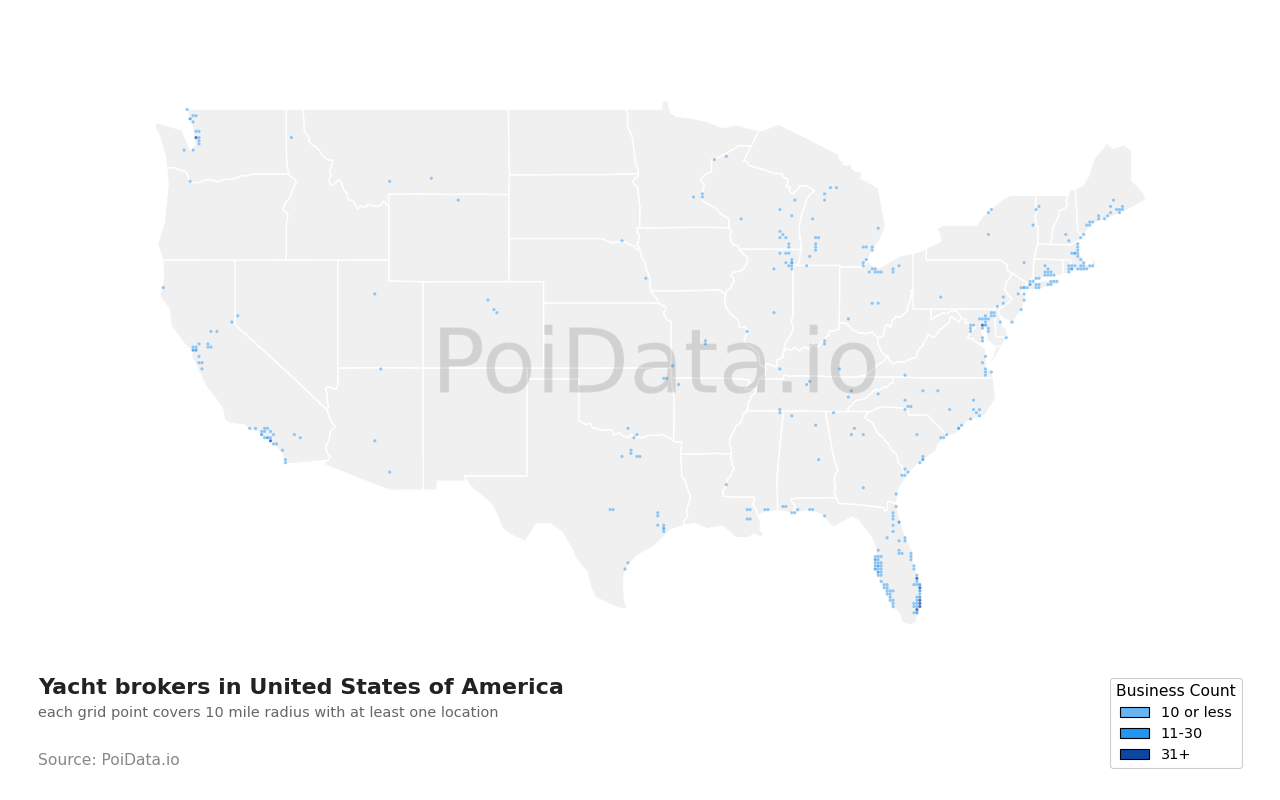 Yacht broker density map for United States