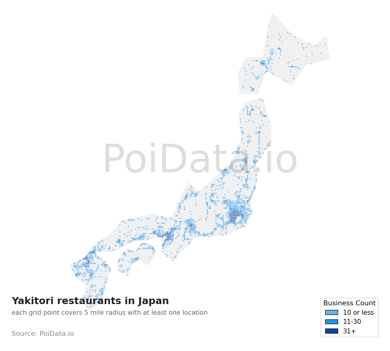 Yakitori restaurant density map for Osaka, Japan