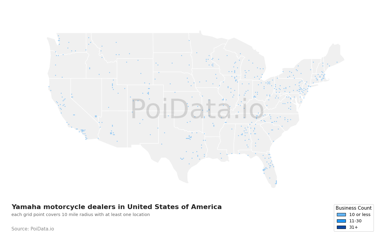 Yamaha motorcycle dealer density map for Tennessee, United States