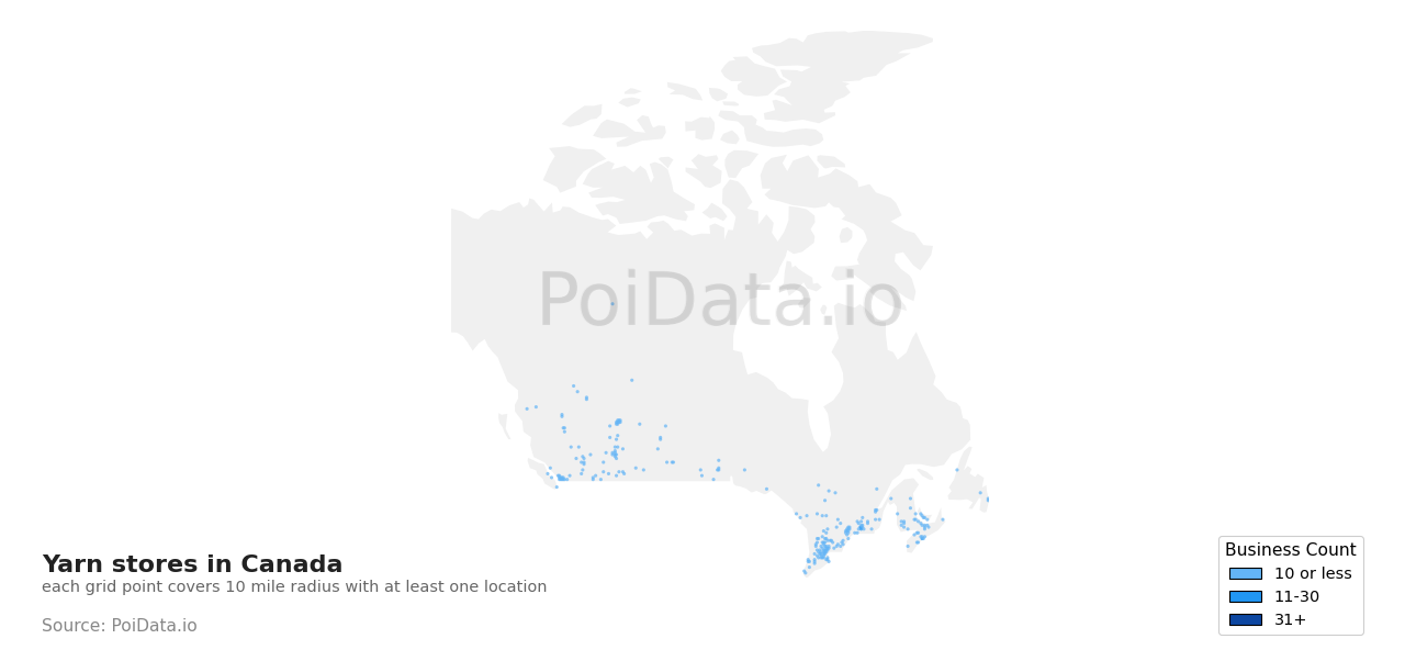 Yarn store density map for Manitoba, Canada