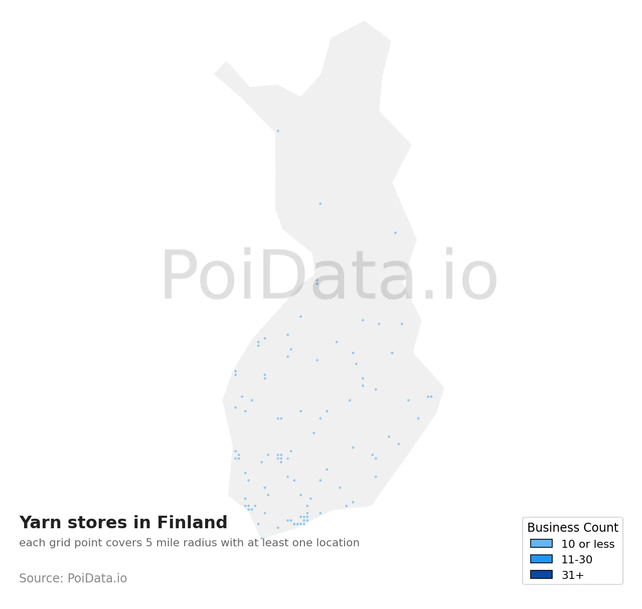 Yarn store density map for Finland
