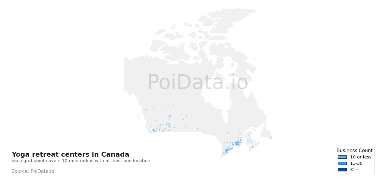 Yoga retreat center density map for Canada