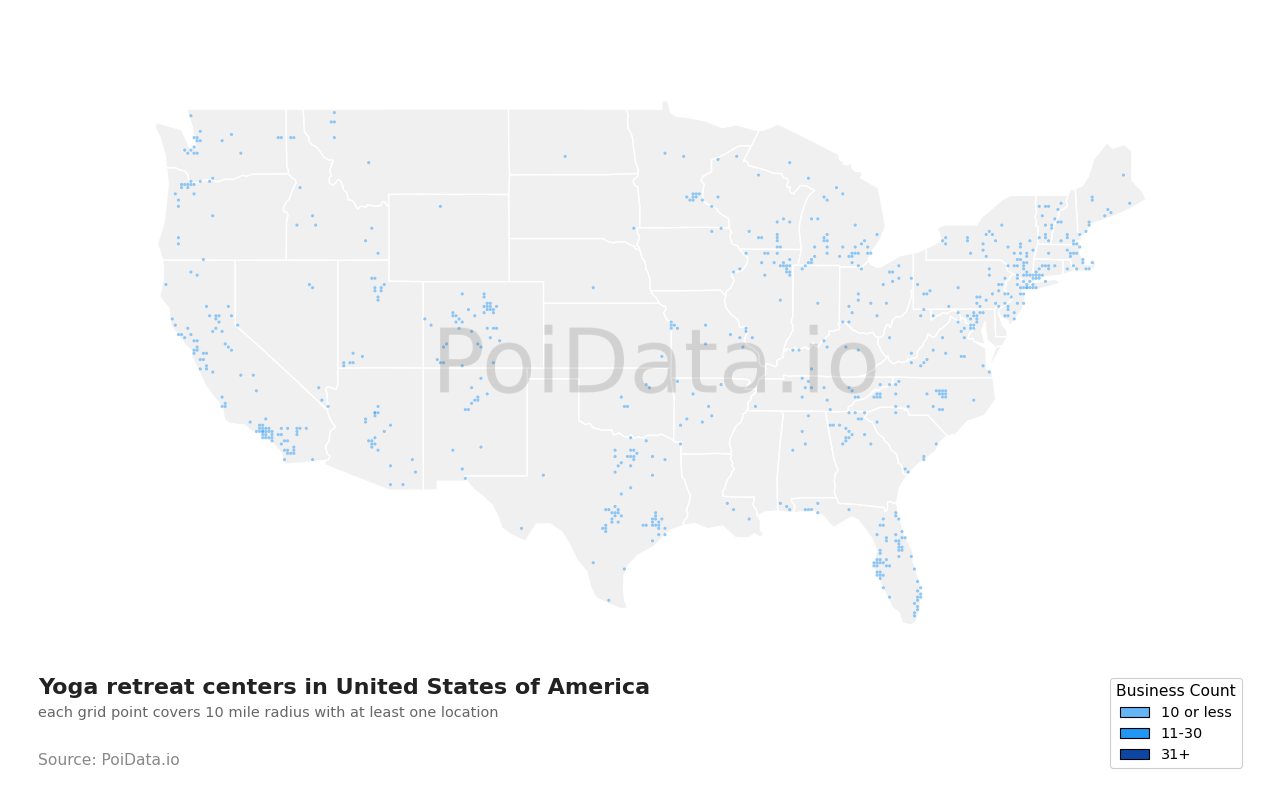 Yoga retreat center density map for United States
