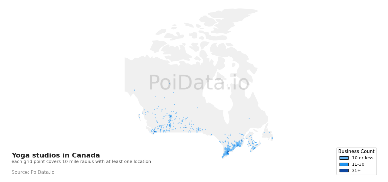Yoga studio density map for Canada