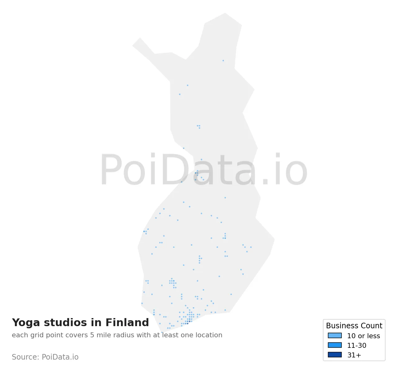 Yoga studio density map for Finland