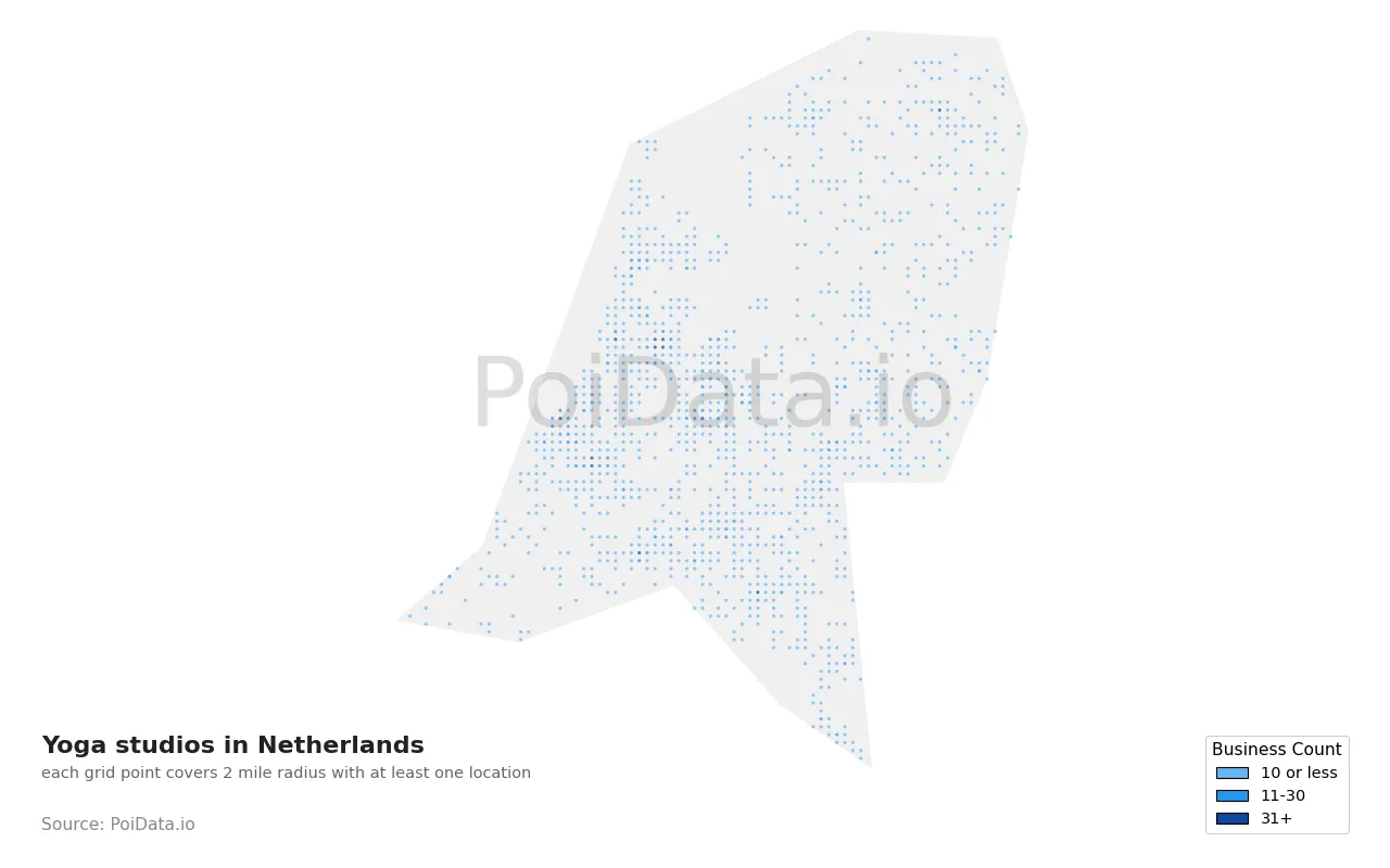 Yoga studio density map for Netherlands
