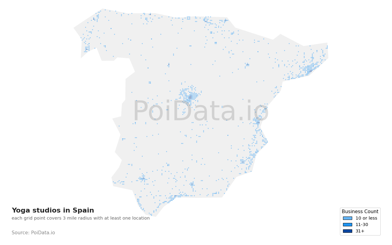 Yoga studio density map for Spain