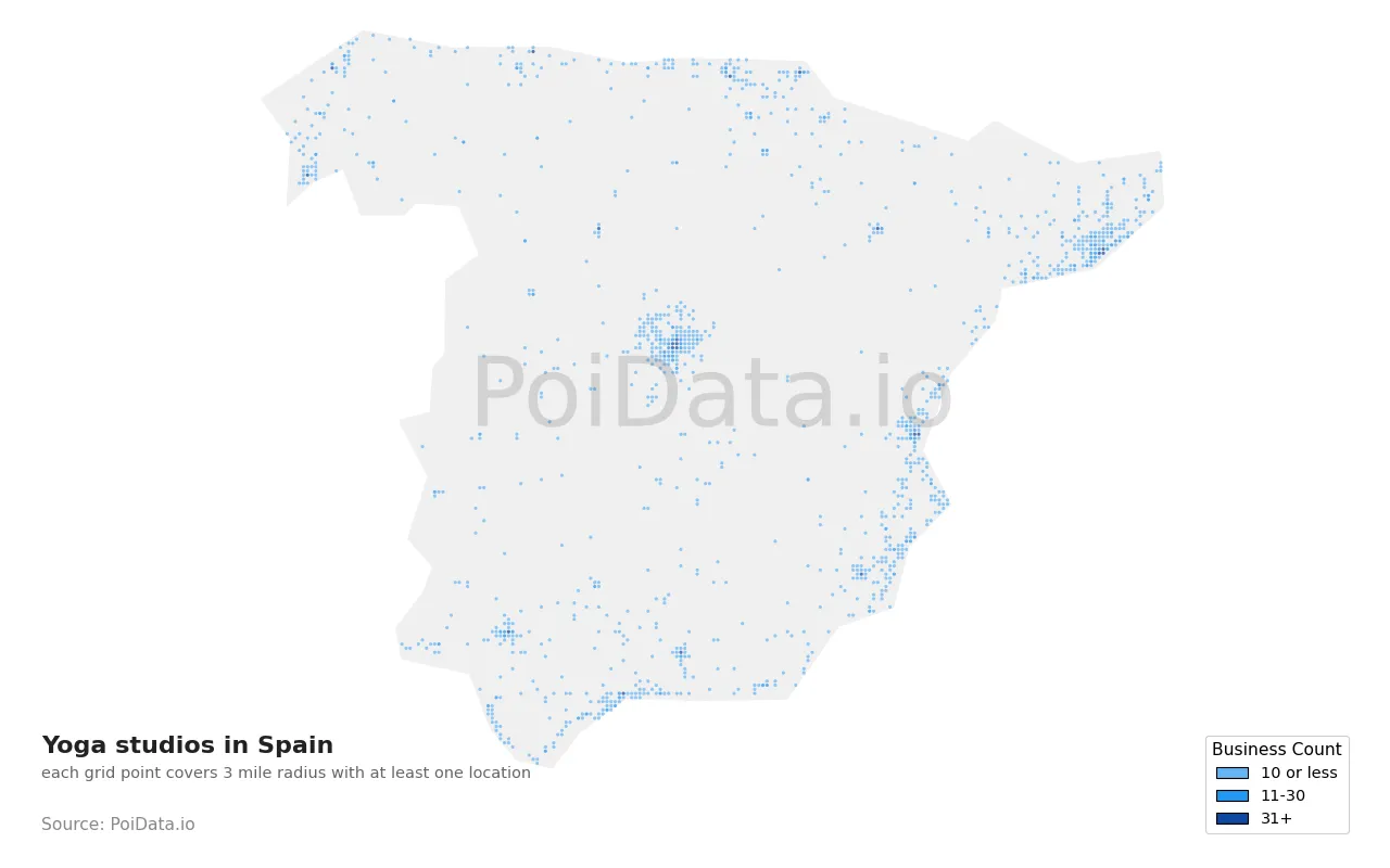 Yoga studio density map for Spain
