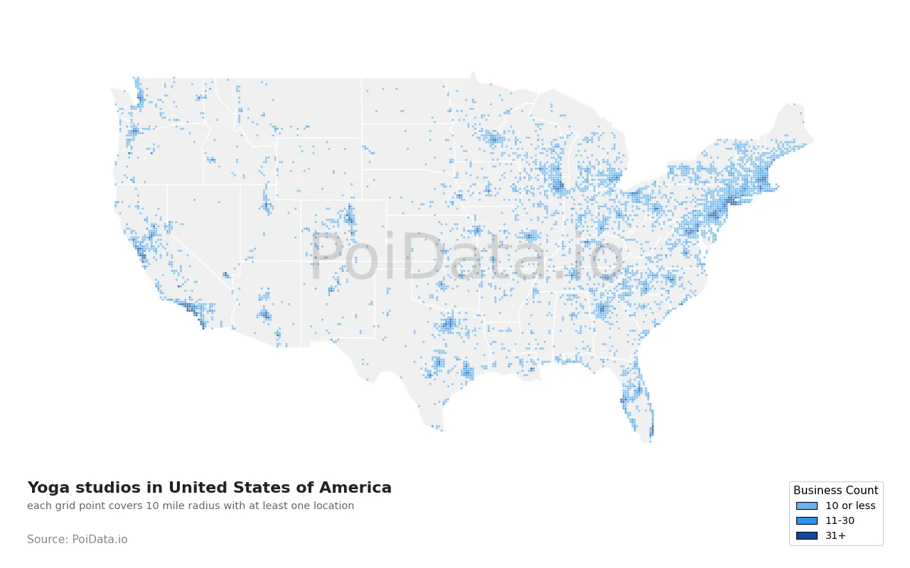 Yoga studio density map for United States