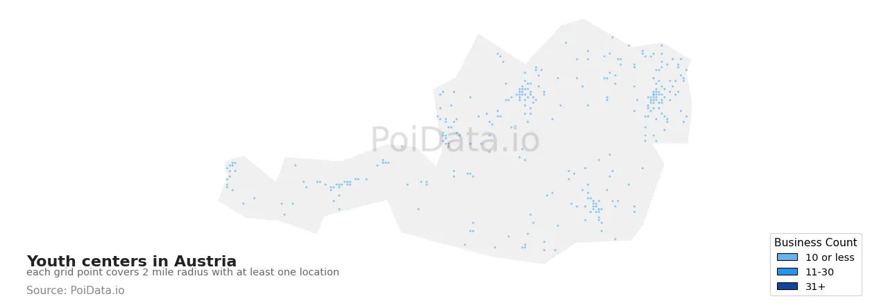 Youth center density map for Austria
