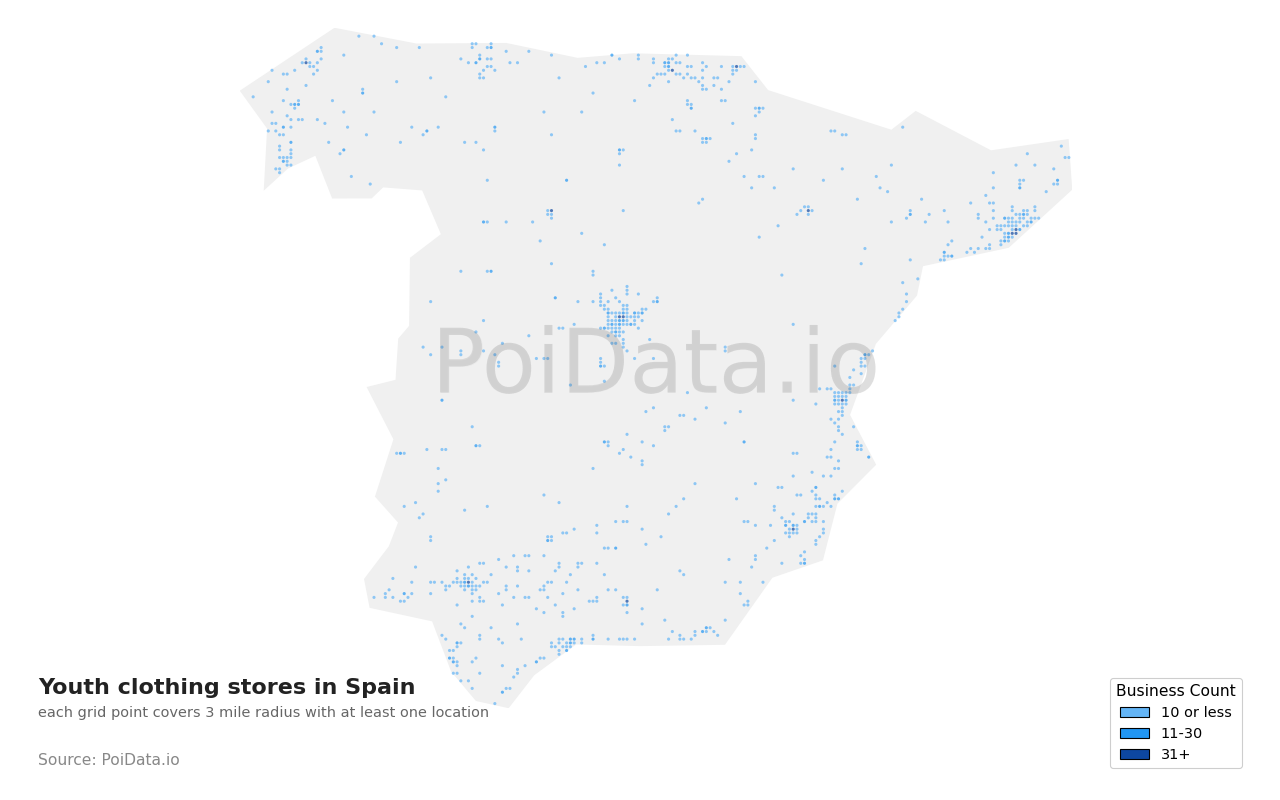 Youth clothing store density map for Spain