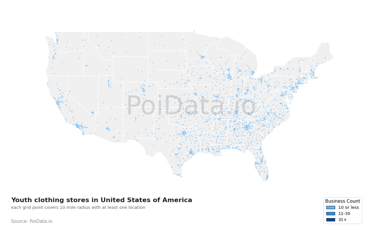 Youth clothing store density map for California, United States