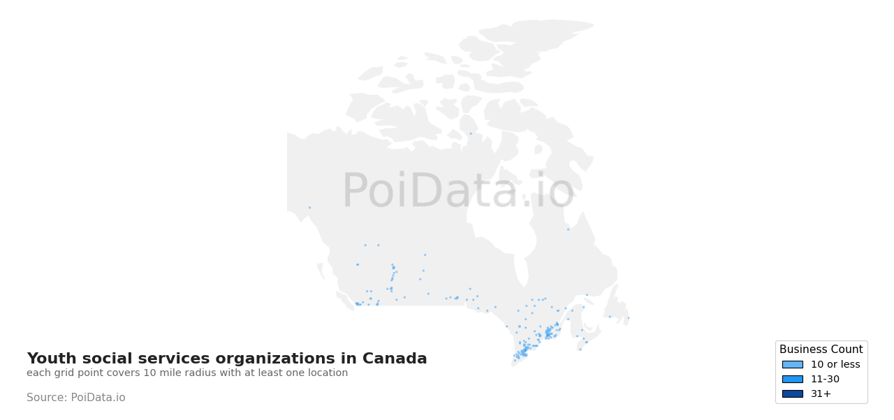 Youth social services organization density map for Canada