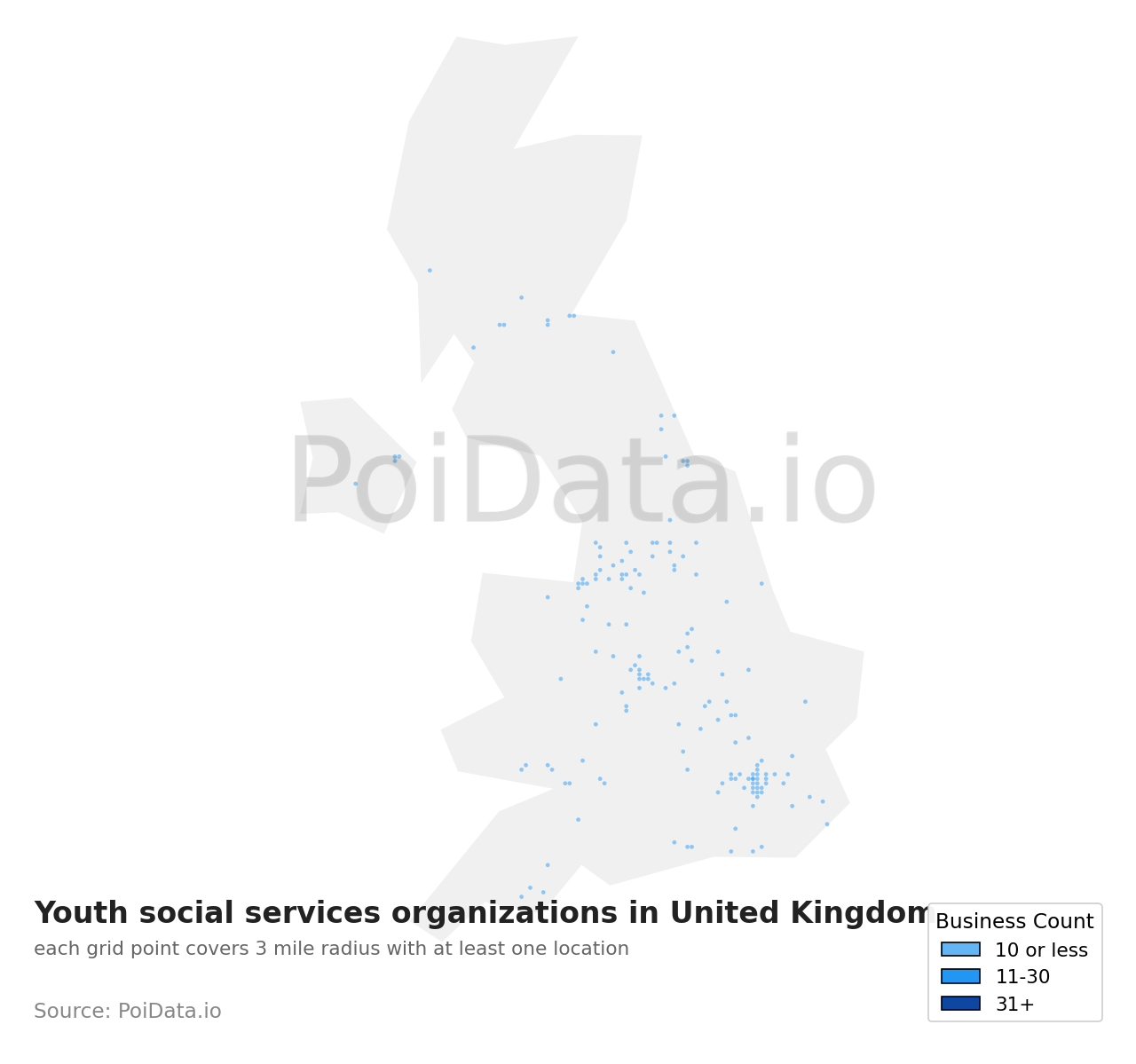 Youth social services organization density map for United Kingdom